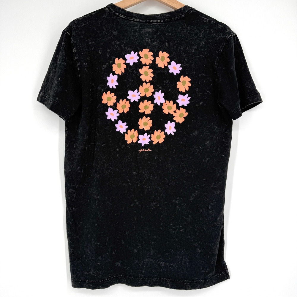 PINK Victoria's Secret Wash Black Peace Sign Floral Short Sleeve Shirt XS